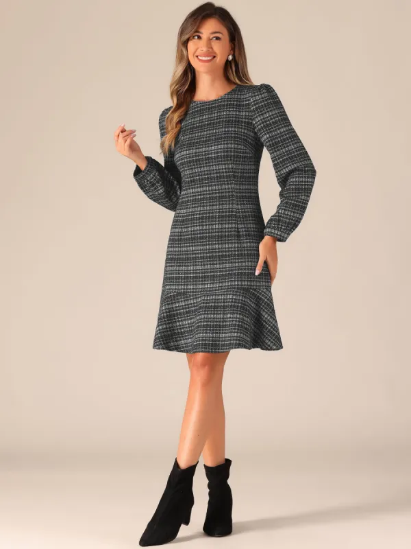 Casual Puff Sleeves Ruffle Hem Tweed Plaid Midi Dress sold by Allegra K