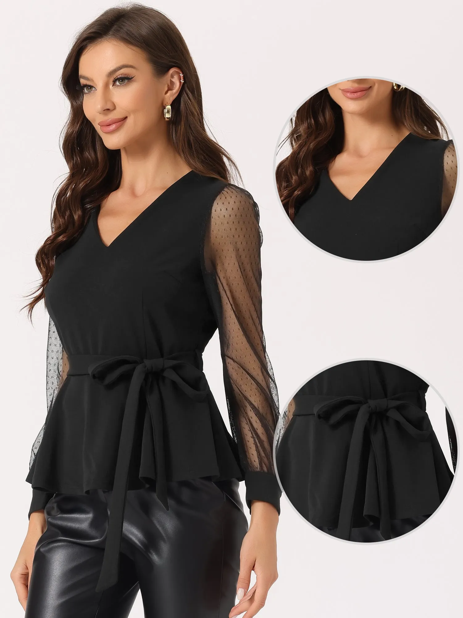 Tie Waist Peplum Ruffle Hem Party V Neck Mesh Long Sleeve Blouse sold by Allegra K product image thumbnail 2