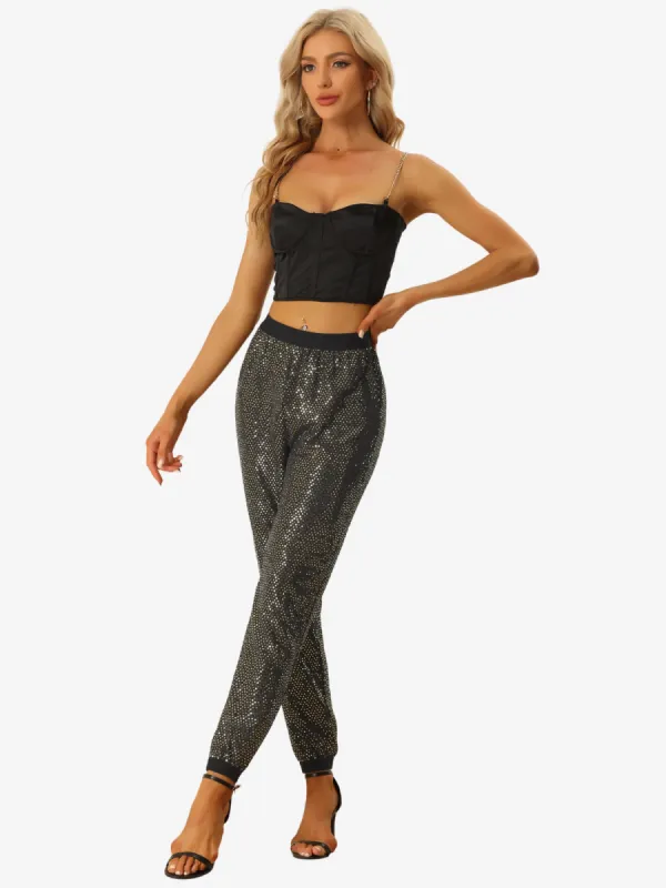 Sequin Trousers Shiny Sparkle Elastic Waist Ankle Length Pants sold by Allegra K