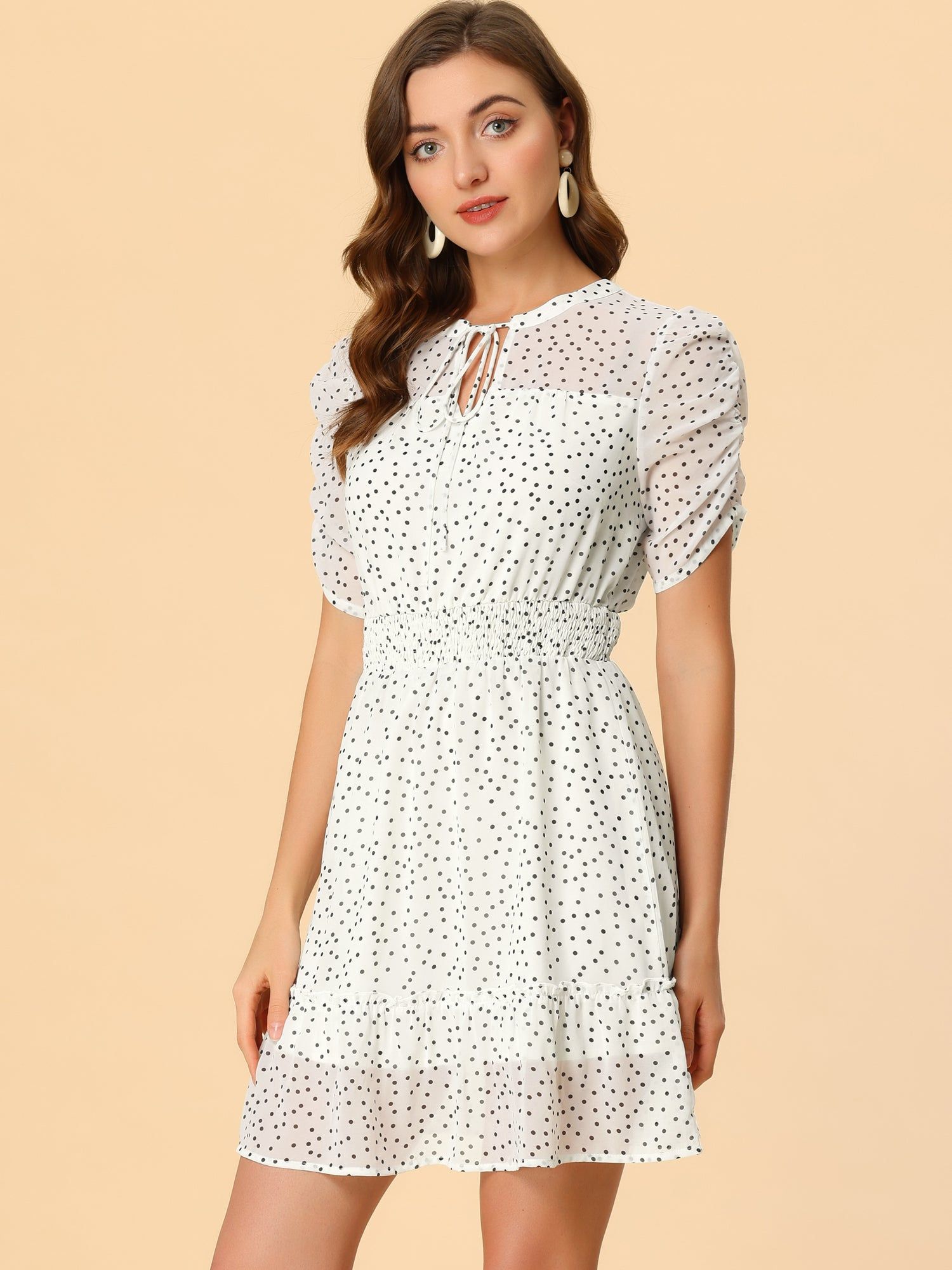 Polka Dot Bow Tie Neck Elastic Waist Ruched Puff Sleeve Chiffon Dress sold by Allegra K product image thumbnail 2