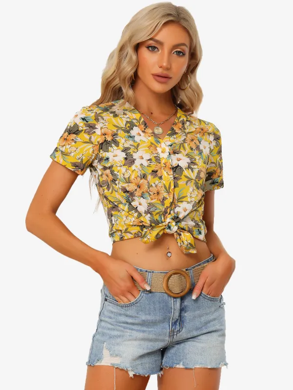 Summer Hawaiian Floral V Neck Short Sleeve Button Down Blouse sold by Allegra K