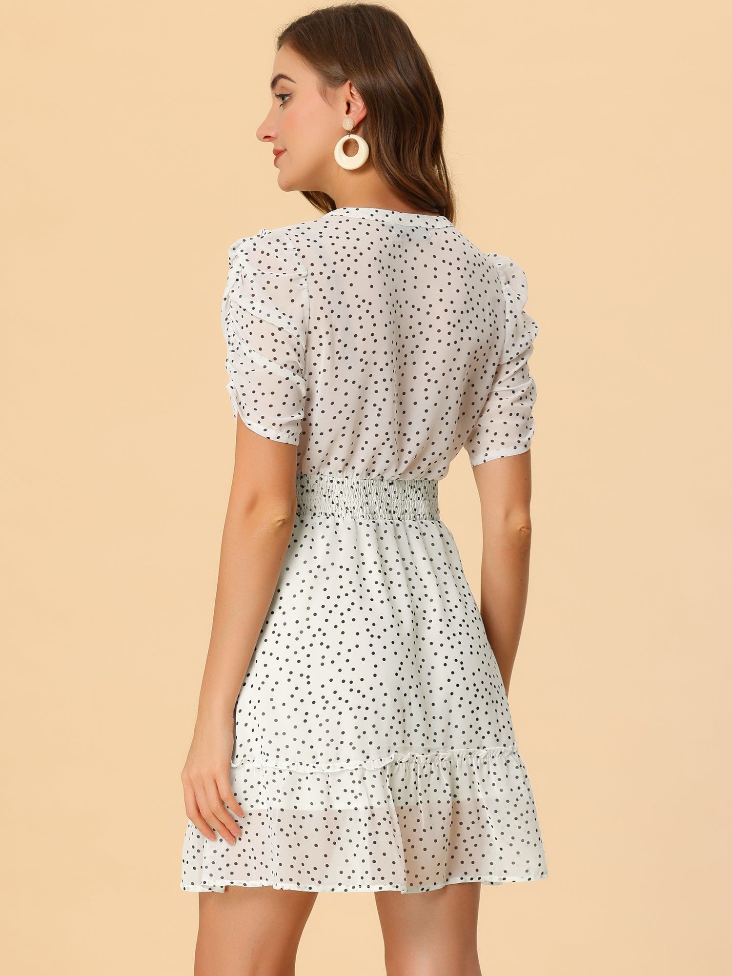Polka Dot Bow Tie Neck Elastic Waist Ruched Puff Sleeve Chiffon Dress sold by Allegra K product image thumbnail 3