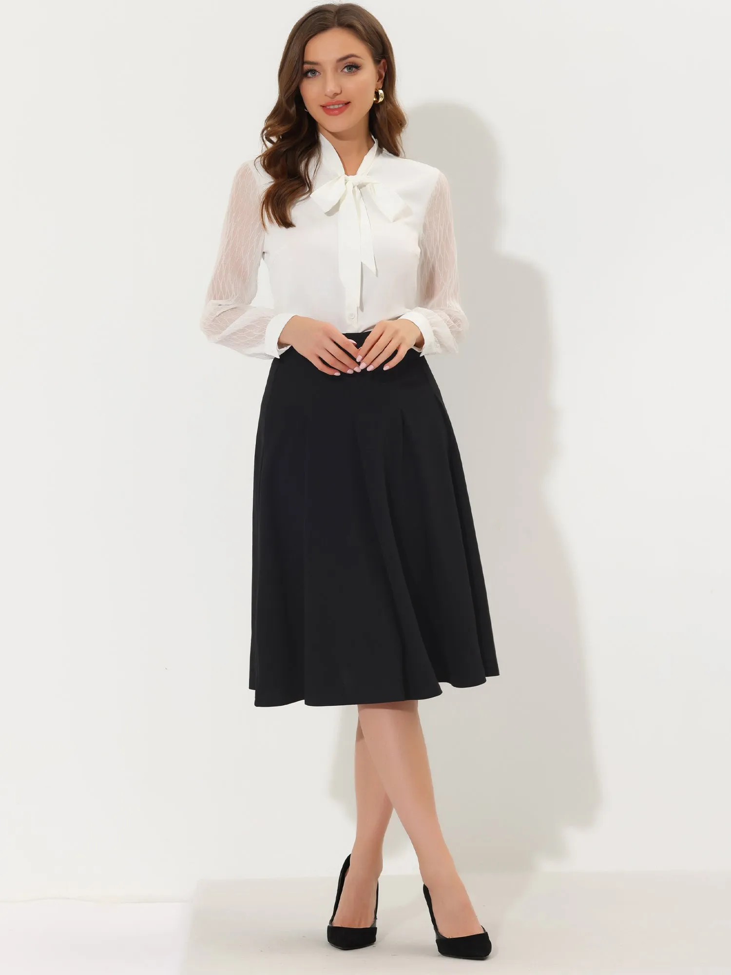 High Waist Solid Color Office Below Knee Flared Skirt sold by Allegra K
