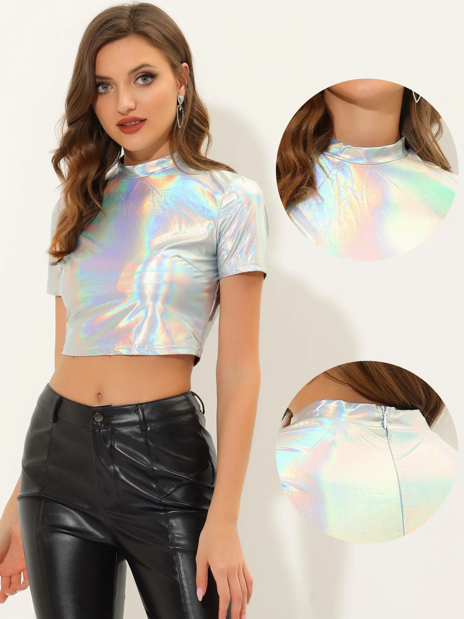Sparkle Party Tops Short Sleeve Mock Neck Metallic Crop Top sold by Allegra K product image thumbnail 3