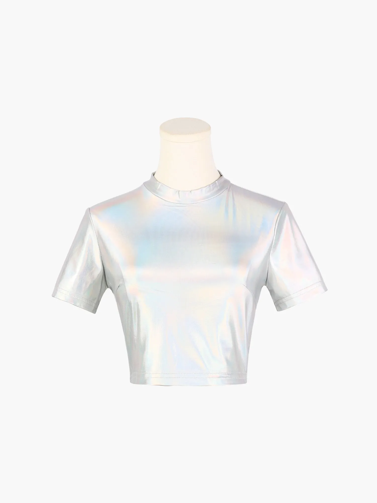 Sparkle Party Tops Short Sleeve Mock Neck Metallic Crop Top sold by Allegra K product image thumbnail 2