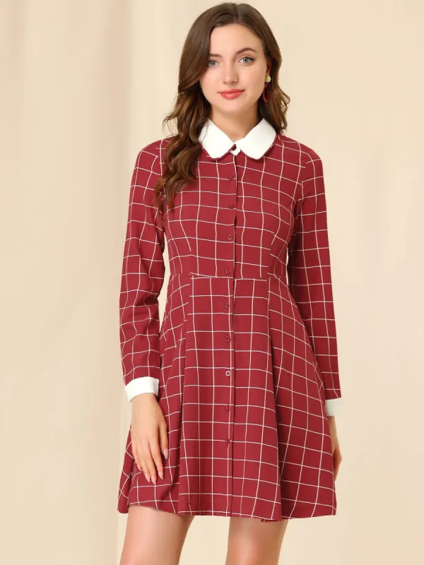 Halloween Peter Pan Collar Plaid Grid Retro Button Up Shirt Dress sold by Allegra K