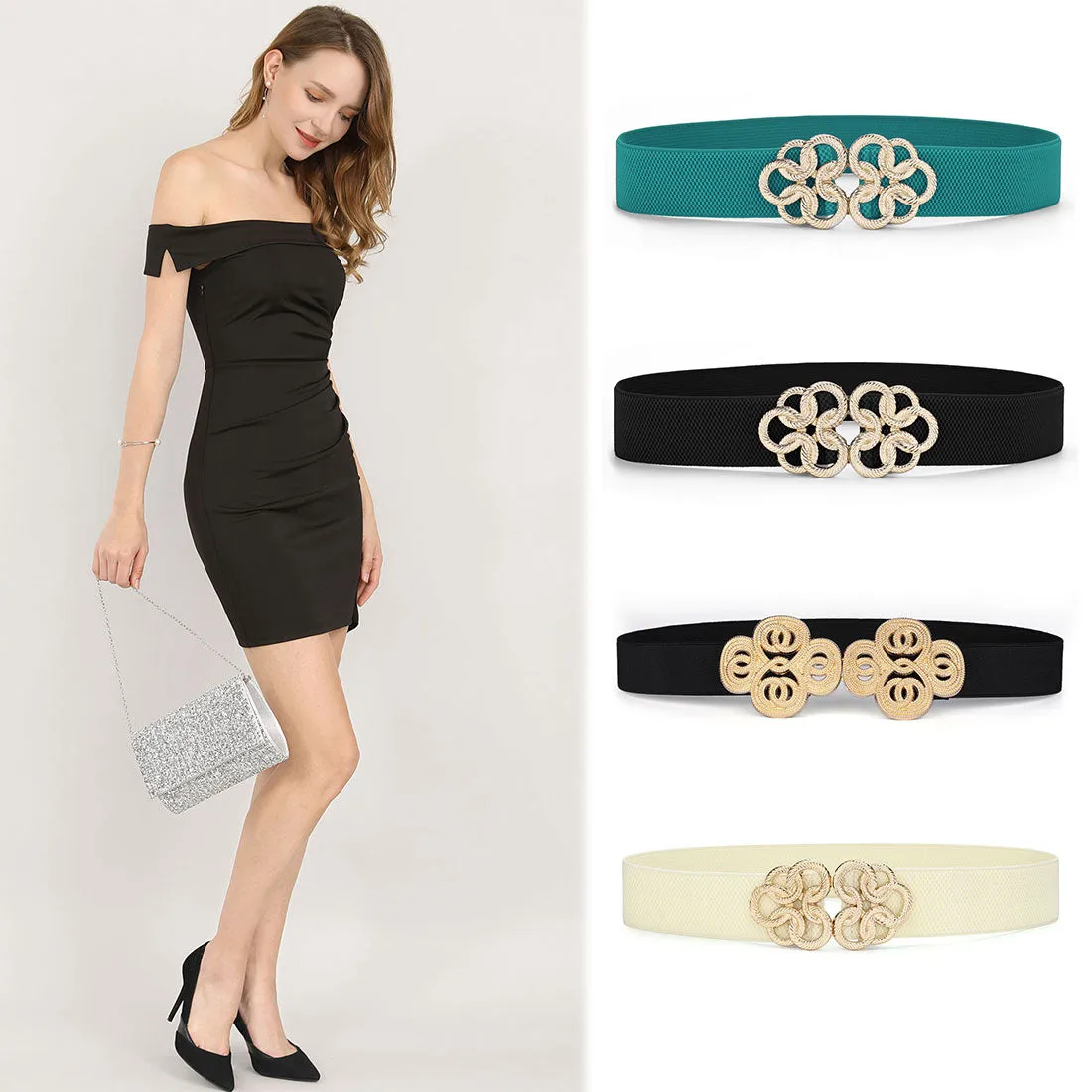 Women Wide Elastic Waist Belt Cinch with Gold Metal Interlock Buckle sold by Allegra K product image thumbnail 4
