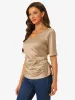 Satin Blouse V Neck Short Sleeve Tie Waist Ruched Elegant Work Tops sold by Allegra K