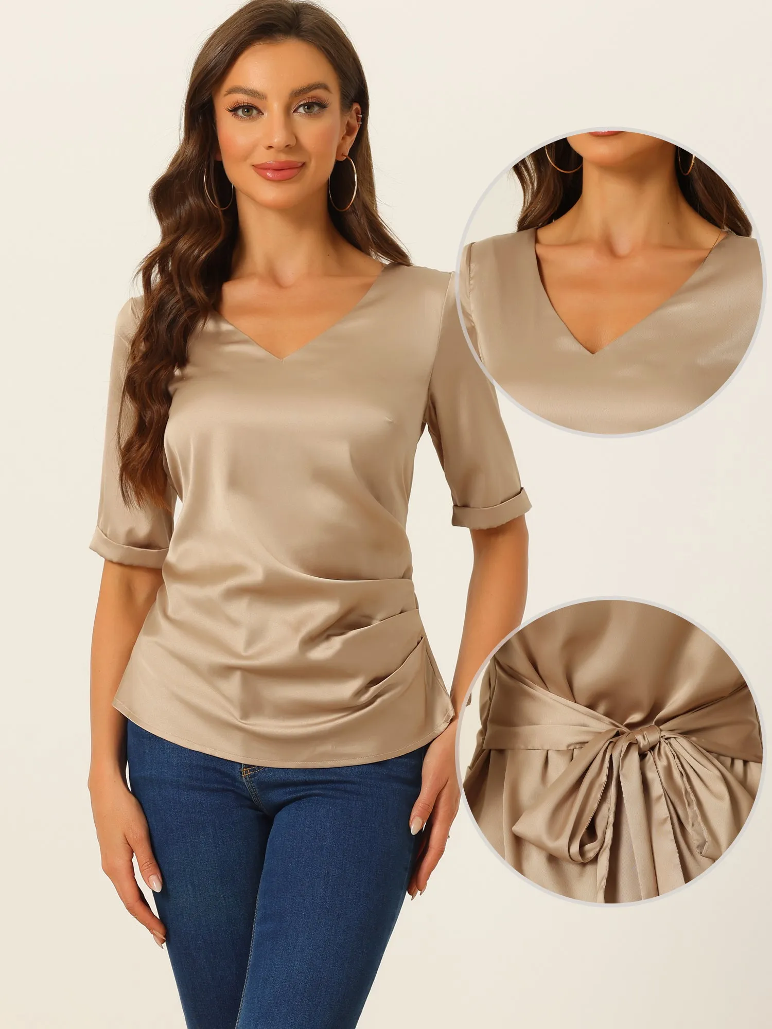 Satin Blouse V Neck Short Sleeve Tie Waist Ruched Elegant Work Tops sold by Allegra K product image thumbnail 2