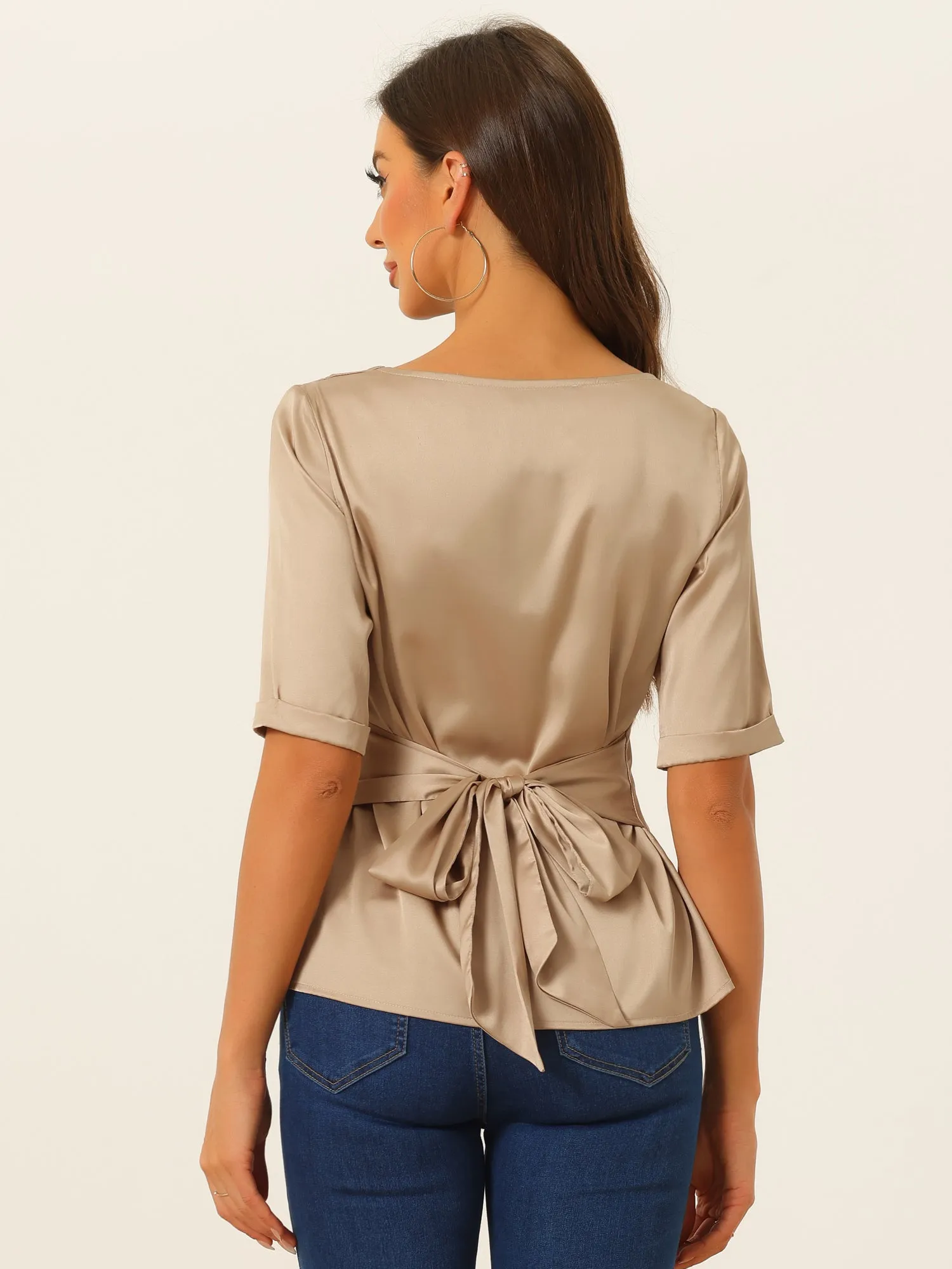 Satin Blouse V Neck Short Sleeve Tie Waist Ruched Elegant Work Tops sold by Allegra K product image thumbnail 3
