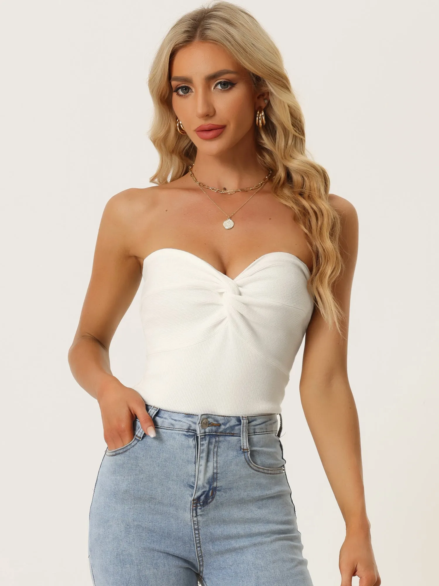 Twist Knot Front Knit Strapless Sleeveless Cropped Top sold by Allegra K product image thumbnail 5