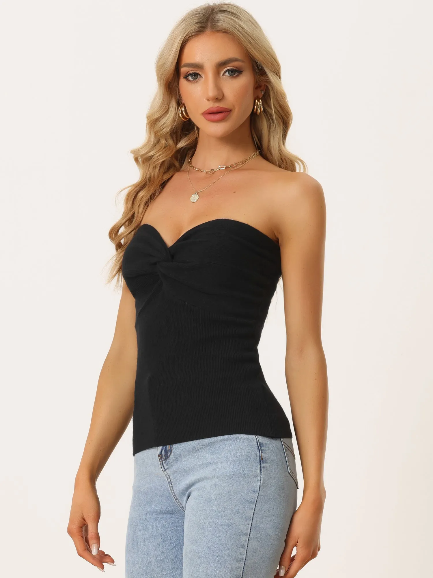 Twist Knot Front Knit Strapless Sleeveless Cropped Top sold by Allegra K product image thumbnail 2