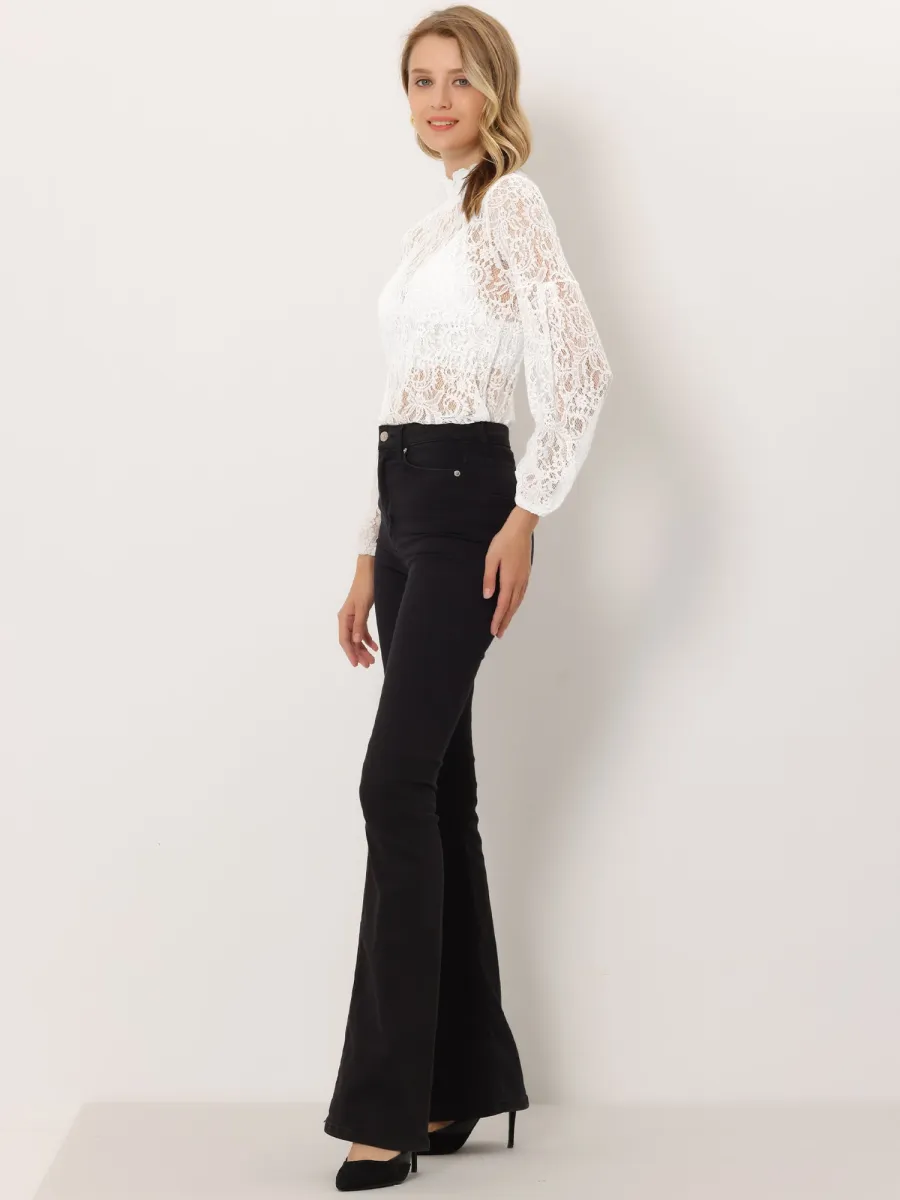 Floral Lace Top Turtleneck Puff Long Sleeve See Through Sheer Blouse sold by Allegra K