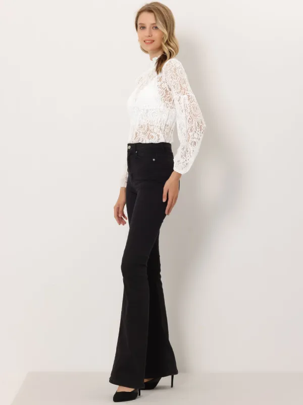 Floral Lace Top Turtleneck Puff Long Sleeve See Through Sheer Blouse sold by Allegra K