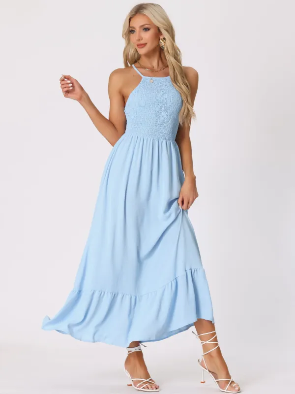 Smocked Backless Sleeveless Solid Lace-Up Summer Maxi Dress Sundress sold by Allegra K