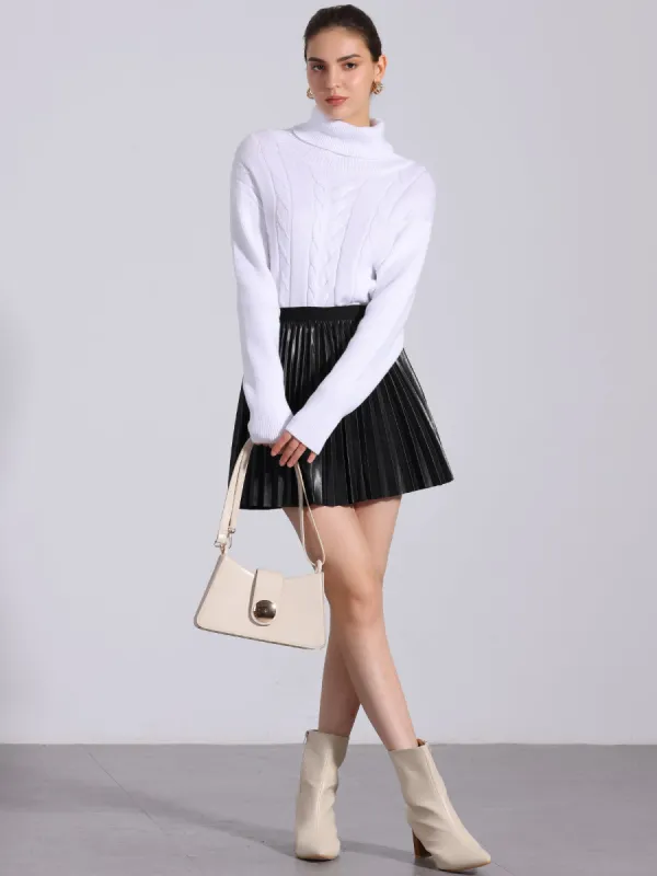 Faux Leather Elastic Waist A-line Pleated Mini Skirt sold by Allegra K