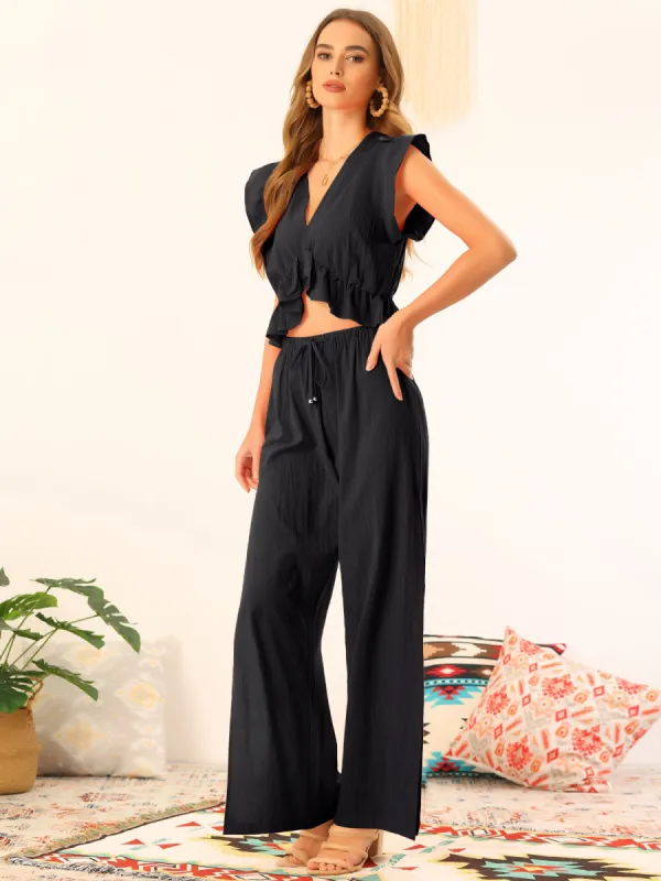 2 Piece Outfits Deep V Neck Ruffle Crop Top Split Wide Leg Pant Set sold by Allegra K