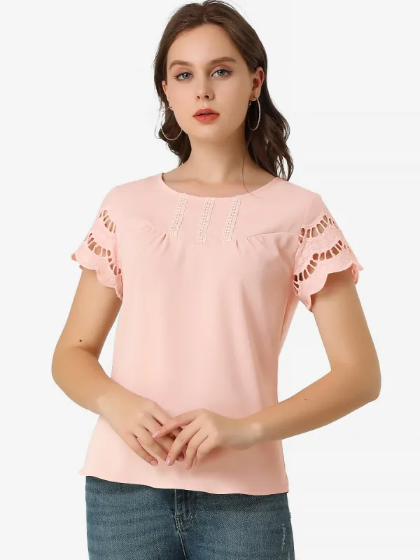 Lace Crochet Short Sleeve Solid Tops Blouse sold by Allegra K