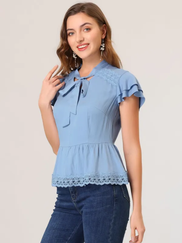 Cotton Flutter Sleeve Casual Cute Lace Trim Bow Tie Neck Peplum Tops sold by Allegra K