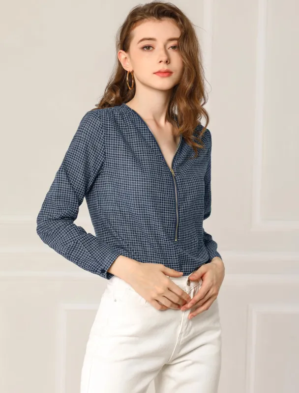 Plaid Tops Blouse Zipper Front Spring Fall Long Sleeve Shirt sold by Allegra K
