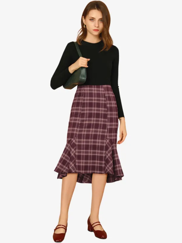 Plaid Asymmetric Ruffle Hem Vintage Fishtail Midi Skirt sold by Allegra K
