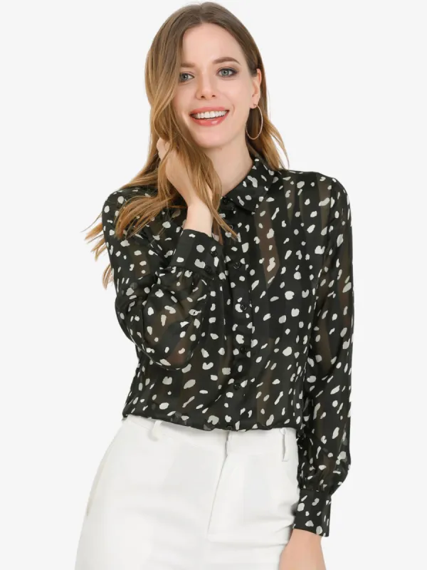 Work Office Shirt Long Sleeve Button Down Dots Chiffon Blouse sold by Allegra K