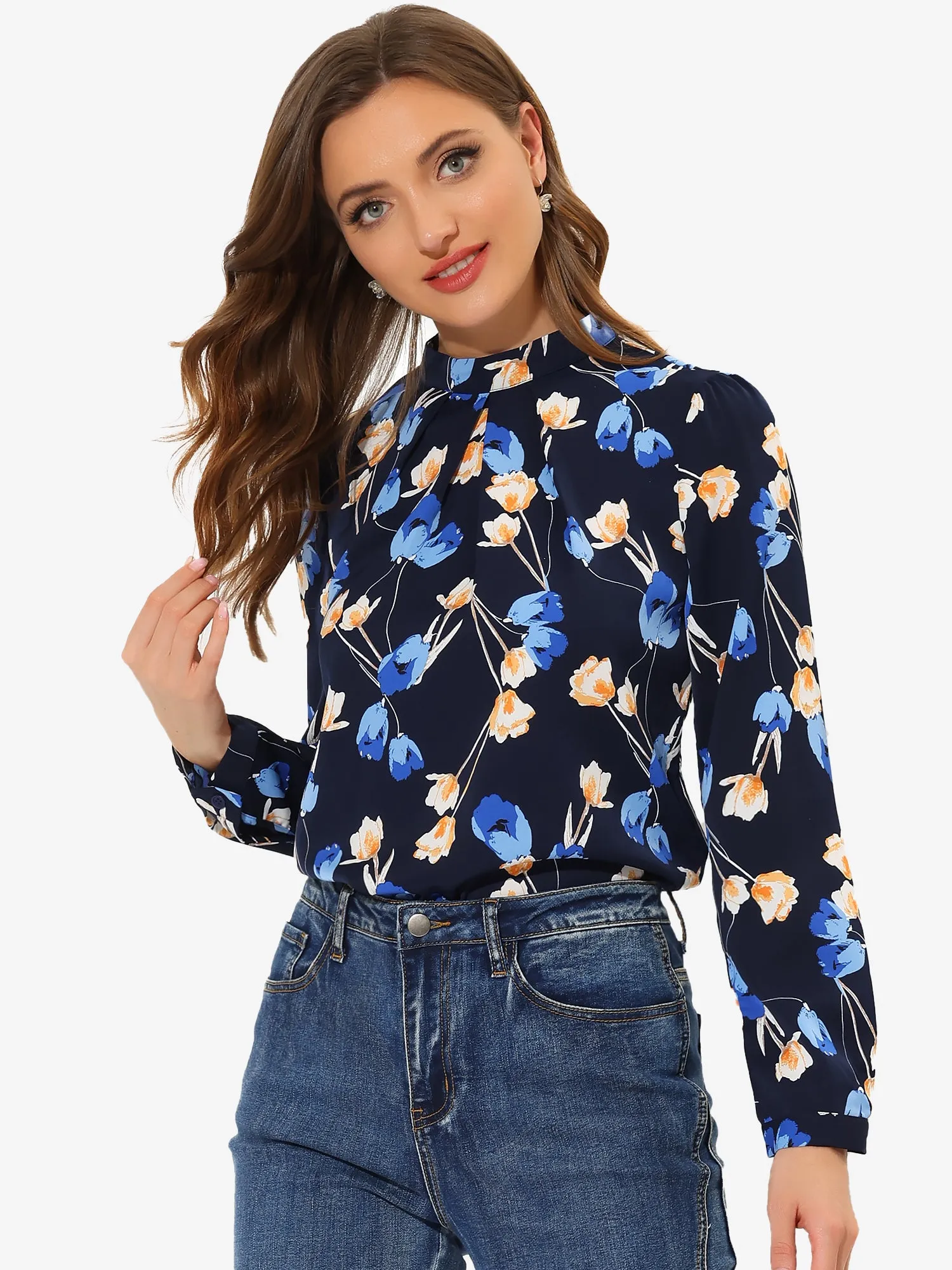 Blouse Business Casual Long Sleeve Mock Neck Floral Top sold by Allegra K