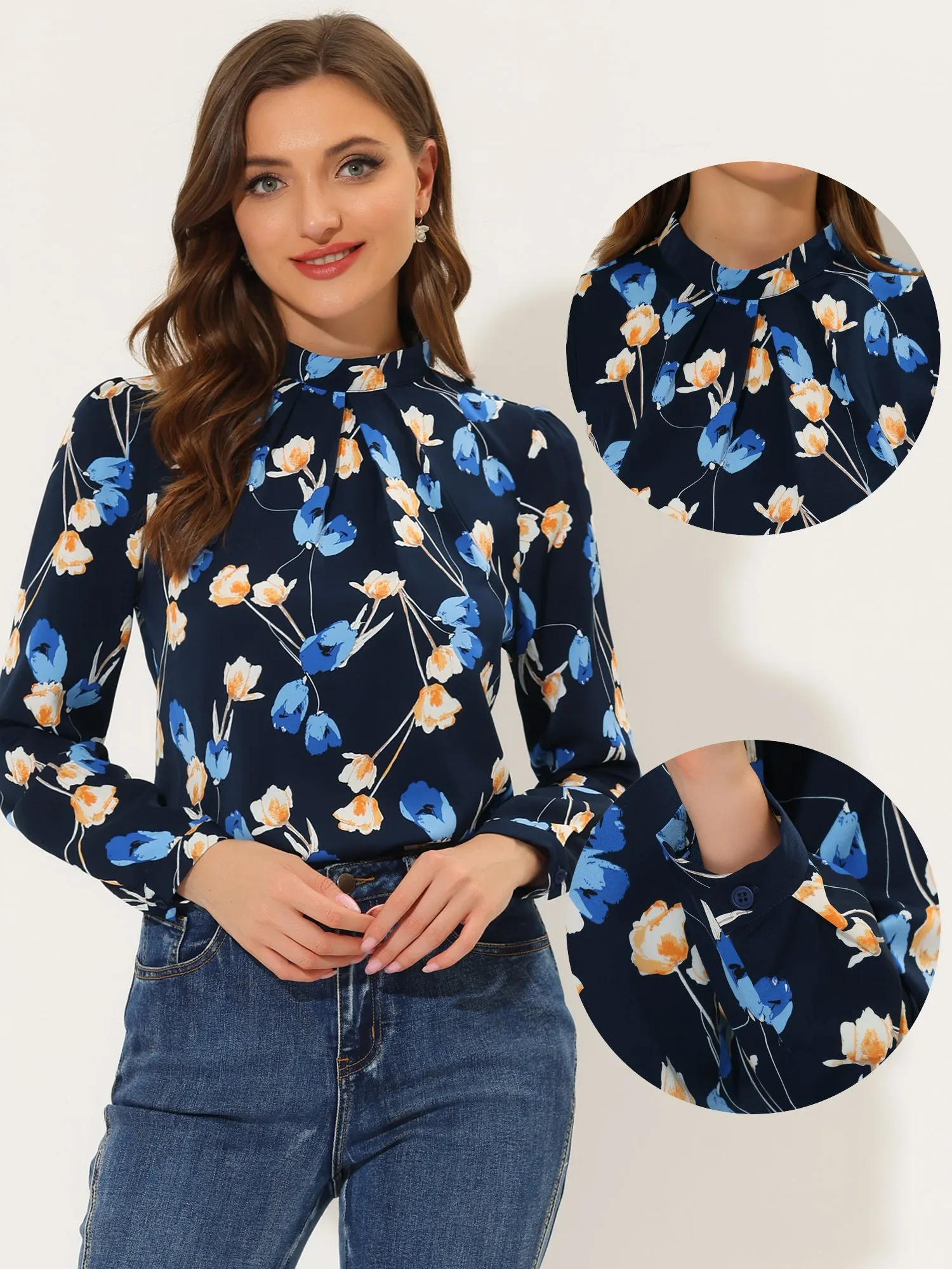 Blouse Business Casual Long Sleeve Mock Neck Floral Top sold by Allegra K product image thumbnail 2