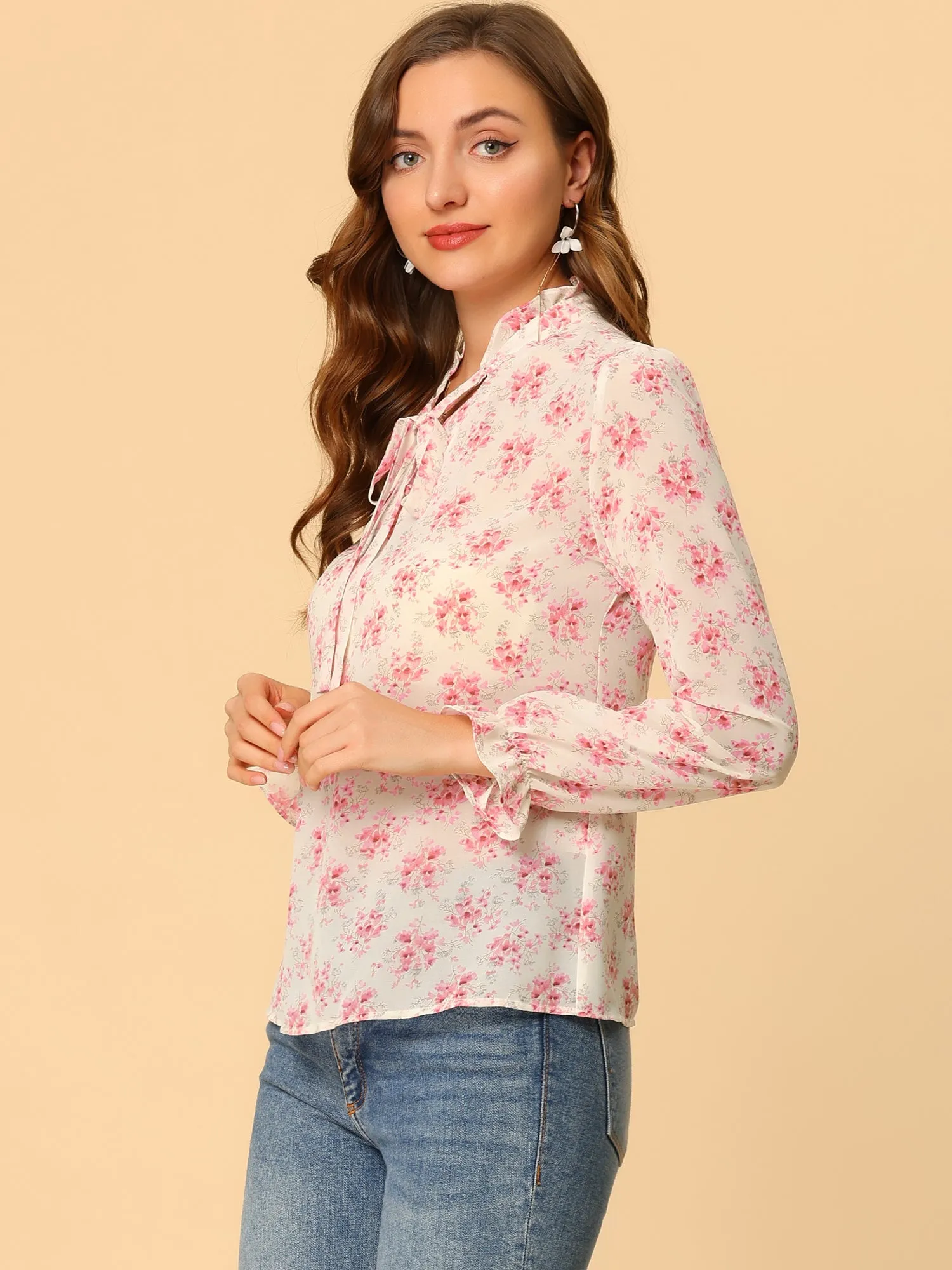 Tie Neck Blouse Elegant Ruffle Trim Chiffon Long Sleeve Floral Tops sold by Allegra K product image thumbnail 4