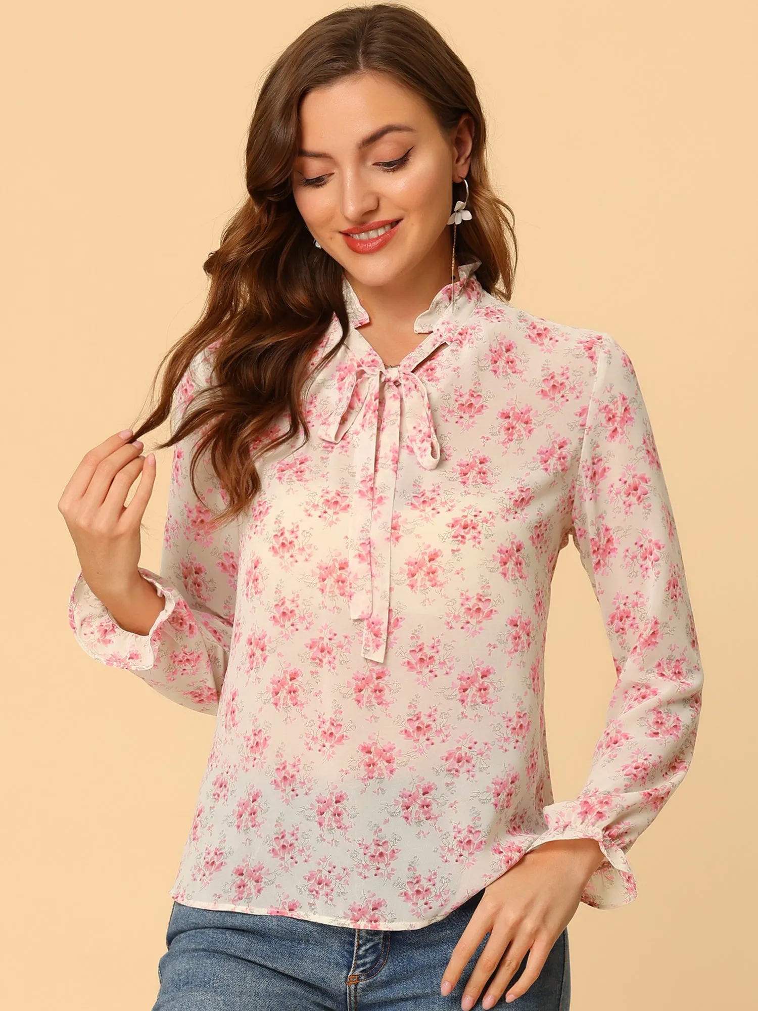 Tie Neck Blouse Elegant Ruffle Trim Chiffon Long Sleeve Floral Tops sold by Allegra K product image thumbnail 2