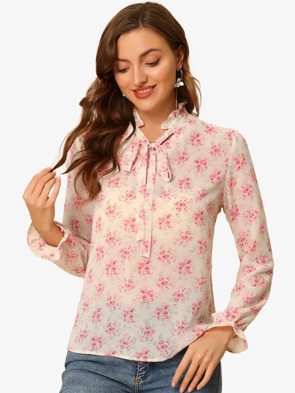 Tie Neck Blouse Elegant Ruffle Trim Chiffon Long Sleeve Floral Tops sold by Allegra K