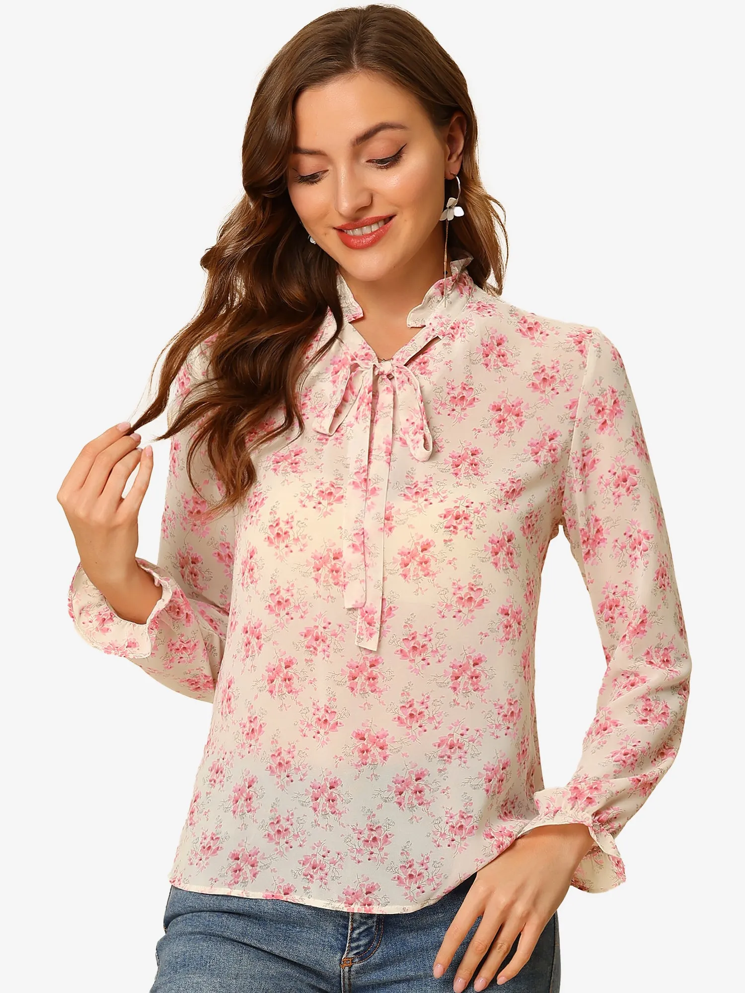 Tie Neck Blouse Elegant Ruffle Trim Chiffon Long Sleeve Floral Tops sold by Allegra K