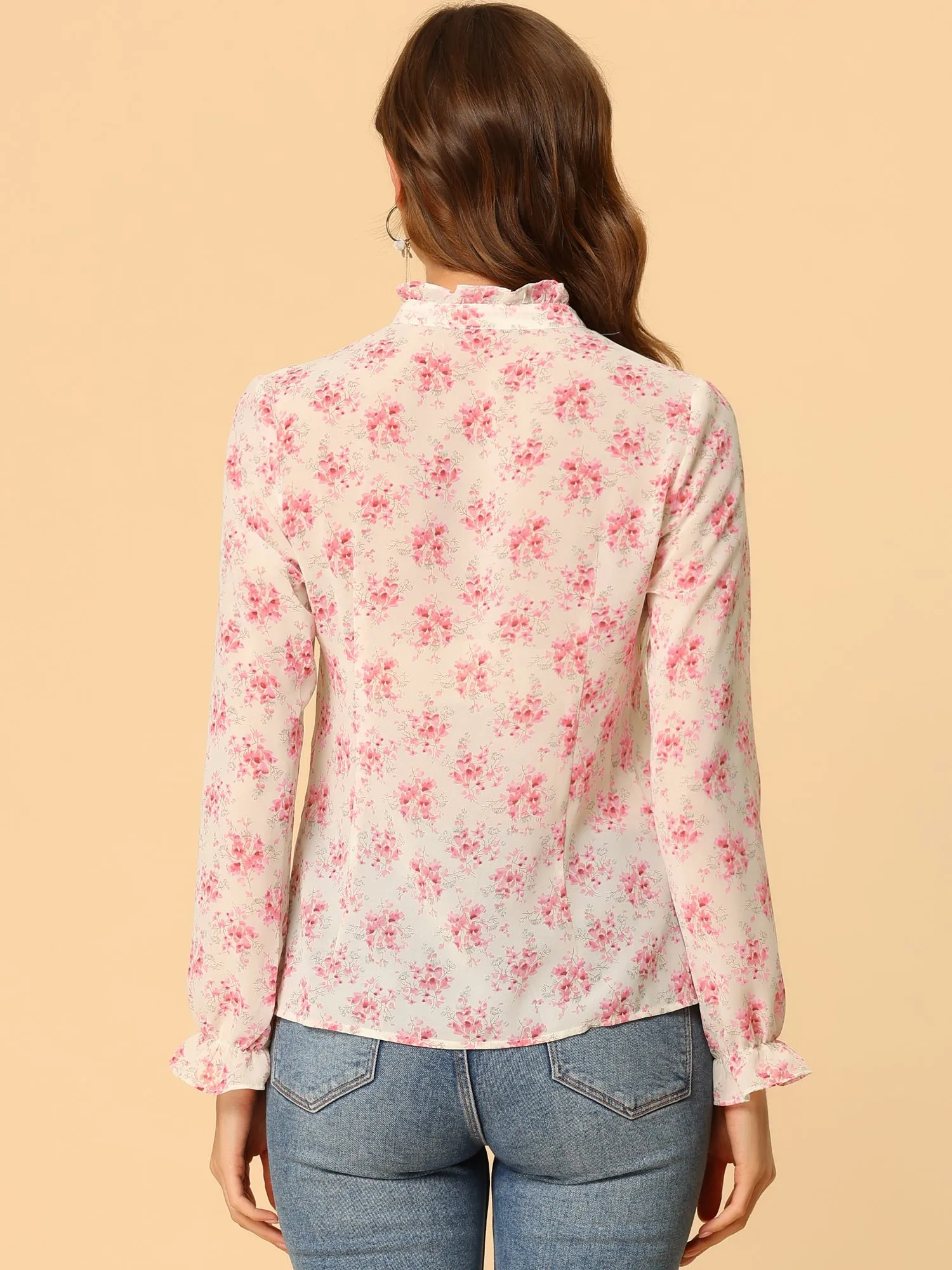 Tie Neck Blouse Elegant Ruffle Trim Chiffon Long Sleeve Floral Tops sold by Allegra K product image thumbnail 5