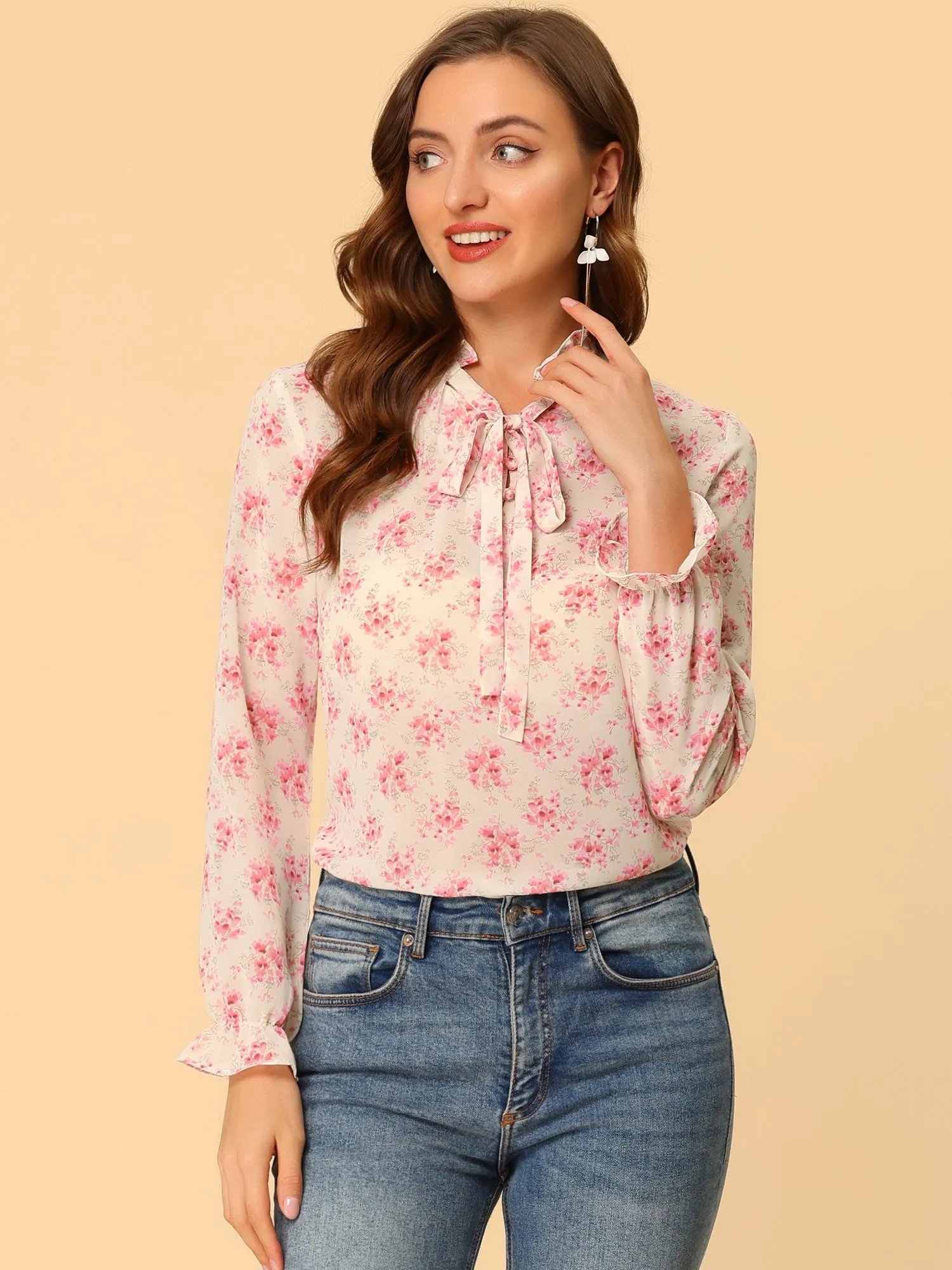 Tie Neck Blouse Elegant Ruffle Trim Chiffon Long Sleeve Floral Tops sold by Allegra K product image thumbnail 3