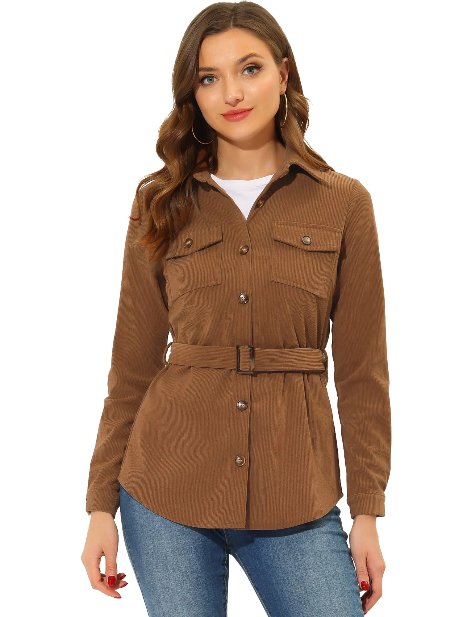 Corduroy Shacket Belted Long Sleeve Pocket Button Down Shirt sold by Allegra K
