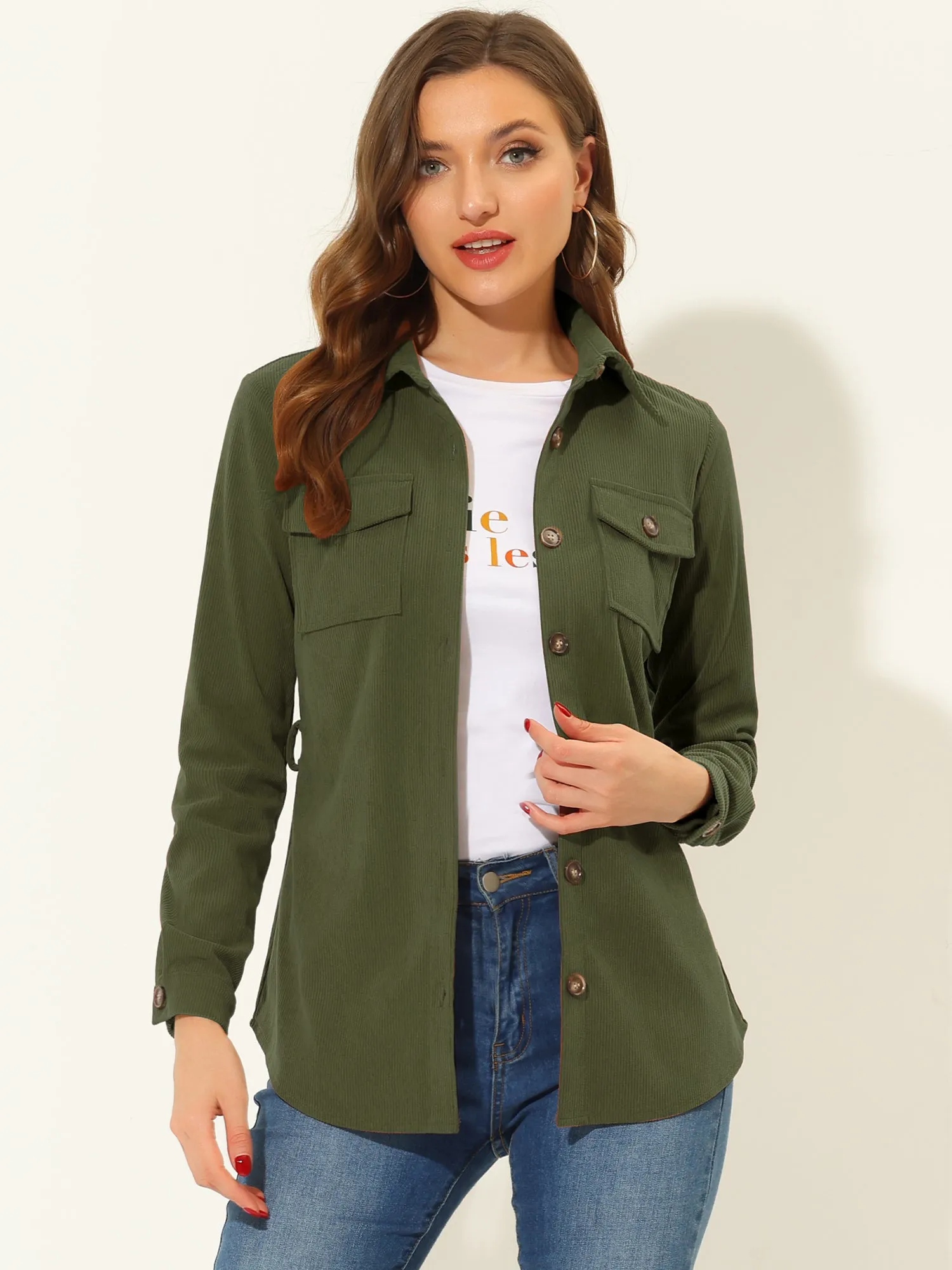 Corduroy Shacket Belted Long Sleeve Pocket Button Down Shirt sold by Allegra K product image thumbnail 5