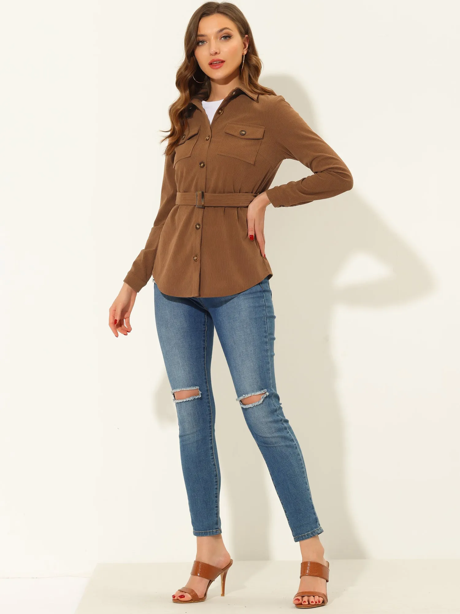 Corduroy Shacket Belted Long Sleeve Pocket Button Down Shirt sold by Allegra K product image thumbnail 2