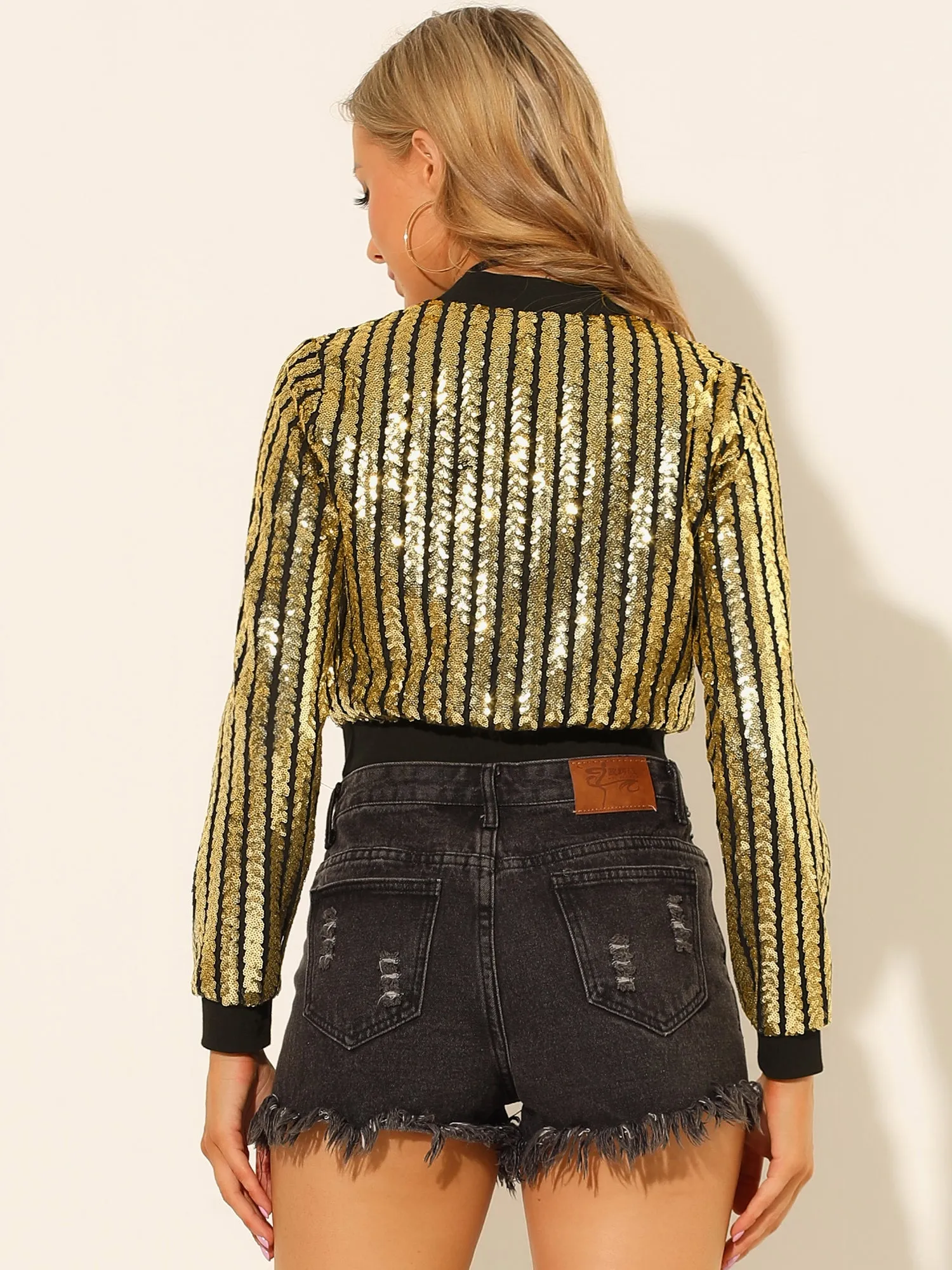 Metallic Sequin Shiny Zip Up Party Sparkly Crop Bomber Jacket sold by Allegra K product image thumbnail 4