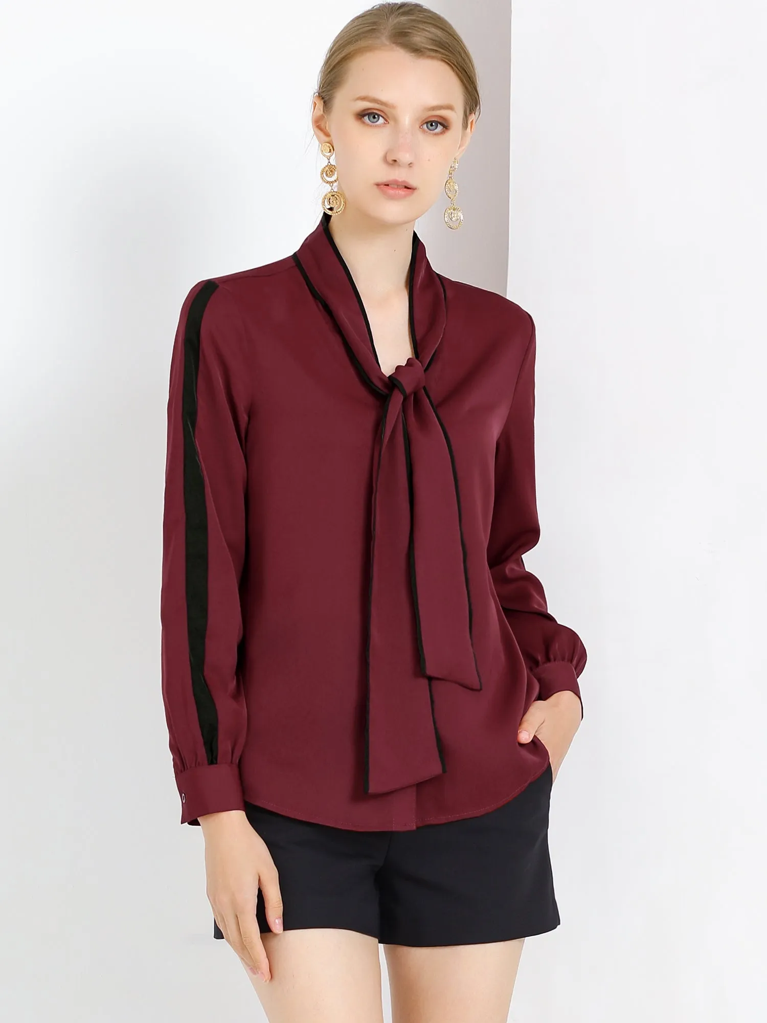 Bow Tie Neck Contrast Trim Long Sleeve Elegant Button Down Shirt sold by Allegra K product image thumbnail 4