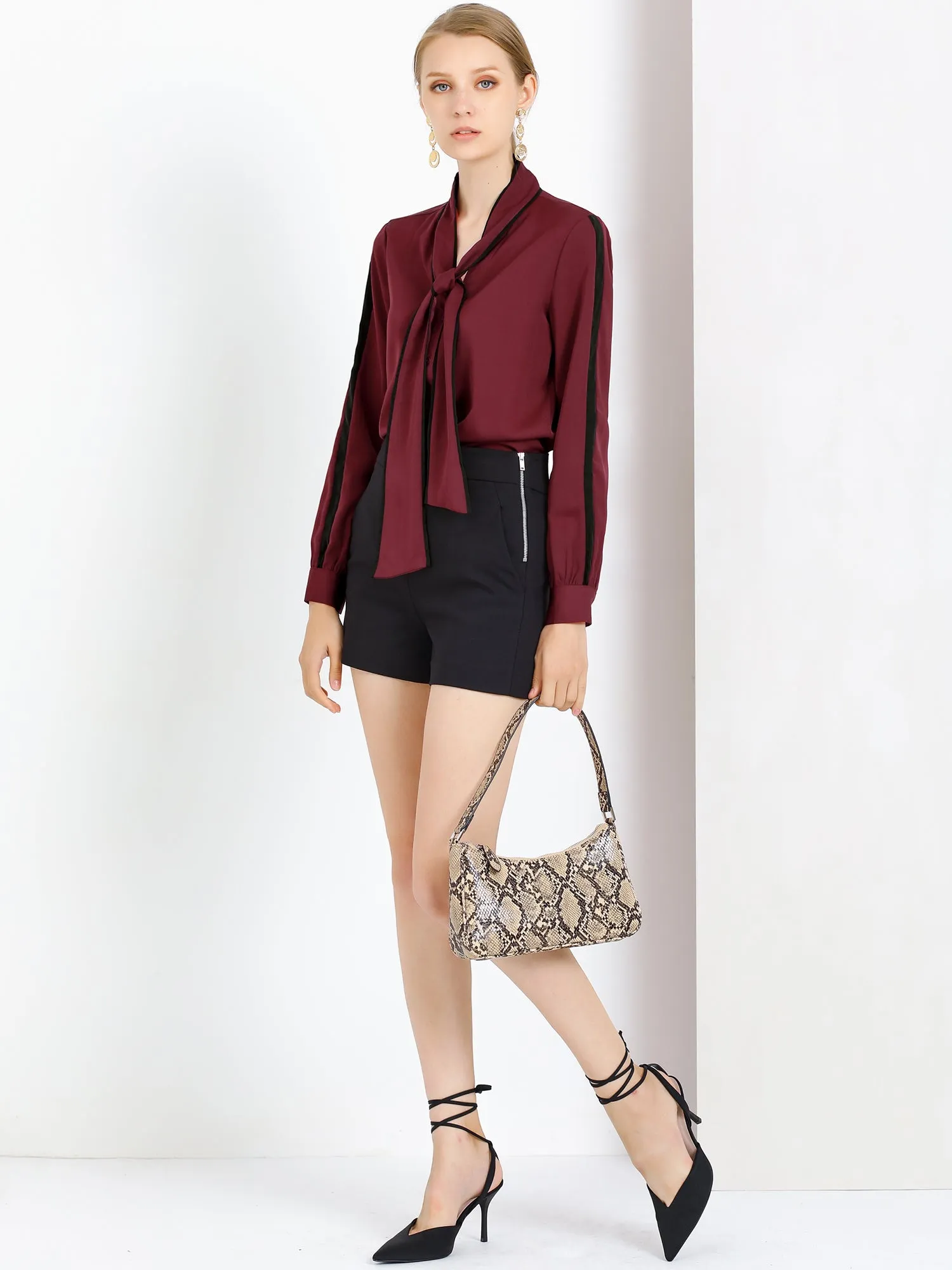 Bow Tie Neck Contrast Trim Long Sleeve Elegant Button Down Shirt sold by Allegra K product image thumbnail 3