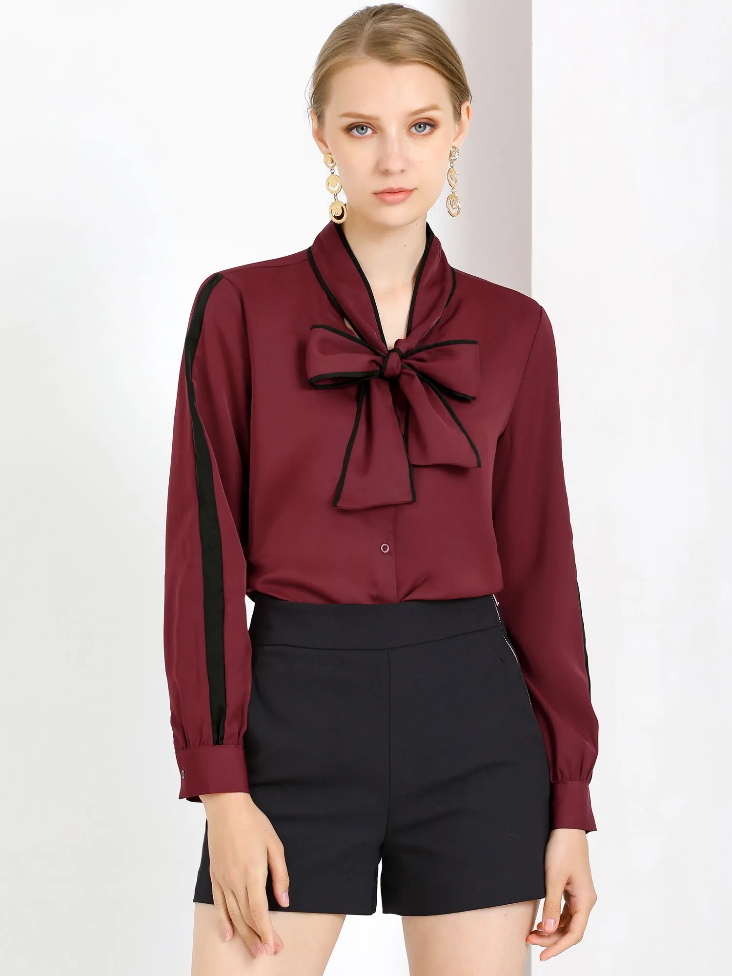 Bow Tie Neck Contrast Trim Long Sleeve Elegant Button Down Shirt sold by Allegra K product image thumbnail 2