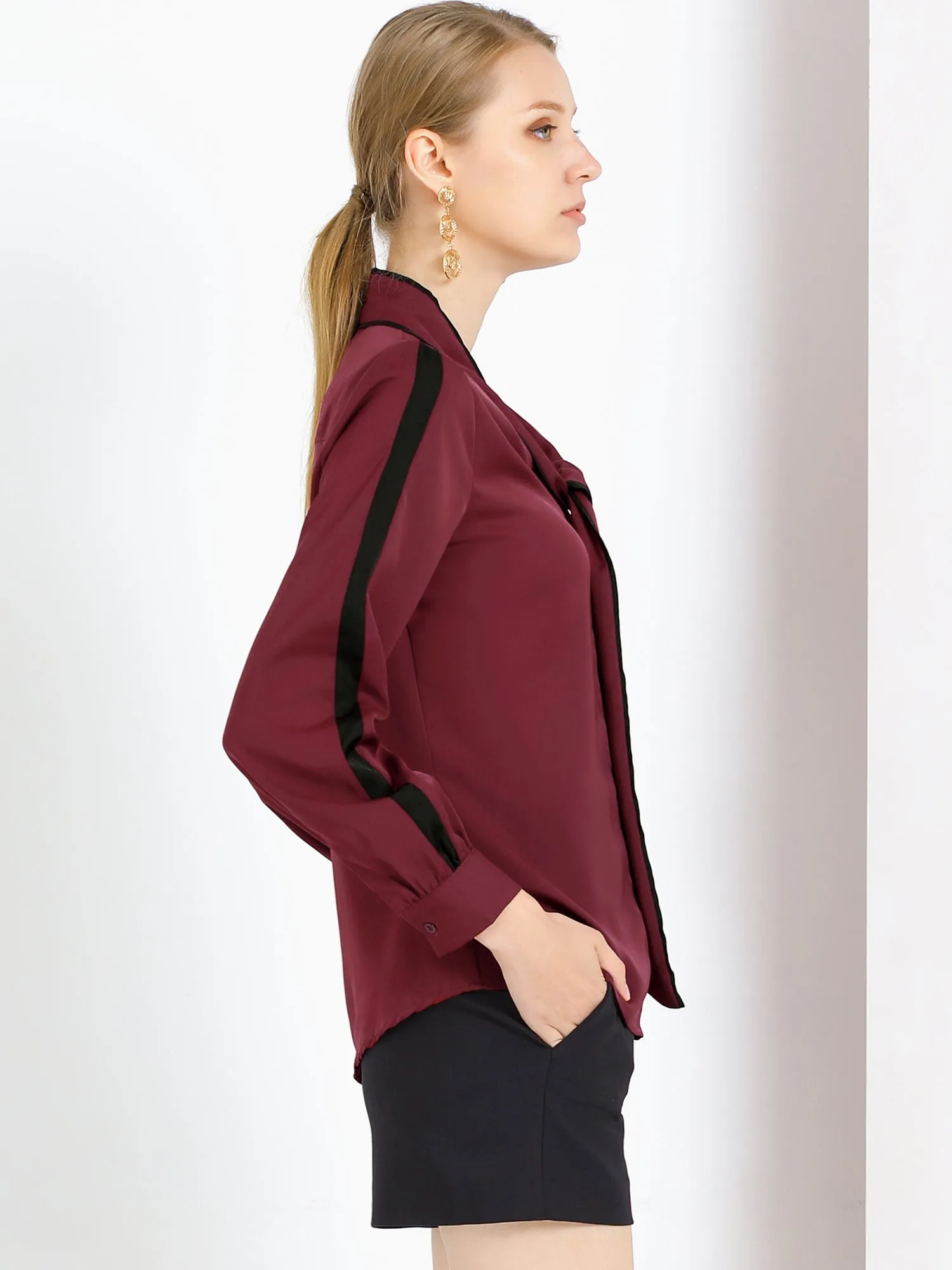 Bow Tie Neck Contrast Trim Long Sleeve Elegant Button Down Shirt sold by Allegra K product image thumbnail 5