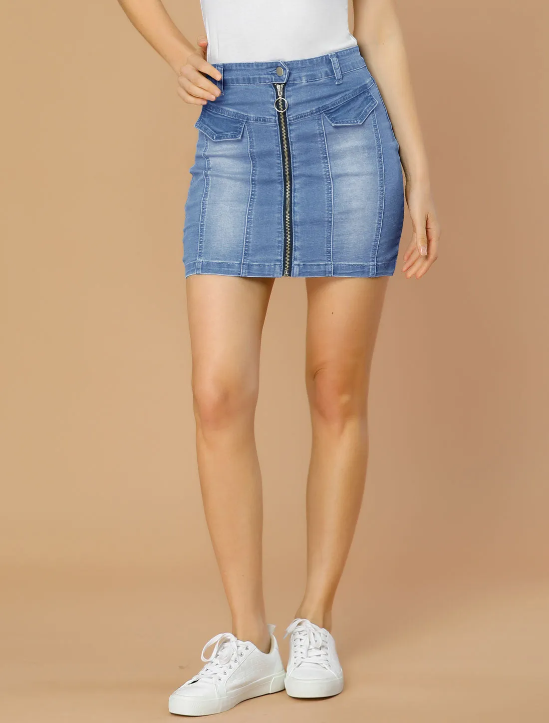 Zip Front Denim Stretch Washed Slim Fit High Waist Mini Skirt sold by Allegra K product image thumbnail 2