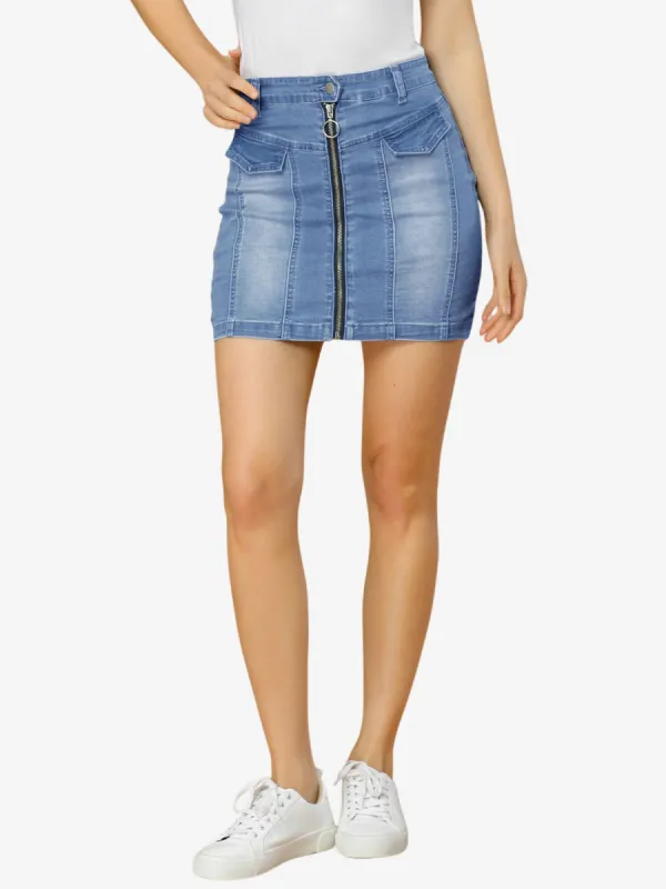 Zip Front Denim Stretch Washed Slim Fit High Waist Mini Skirt sold by Allegra K