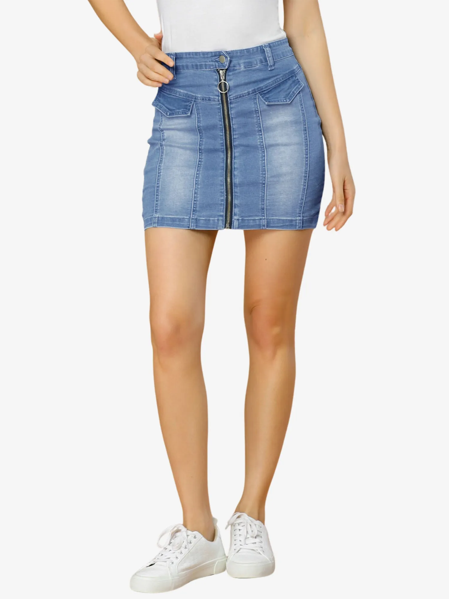 Zip Front Denim Stretch Washed Slim Fit High Waist Mini Skirt sold by Allegra K