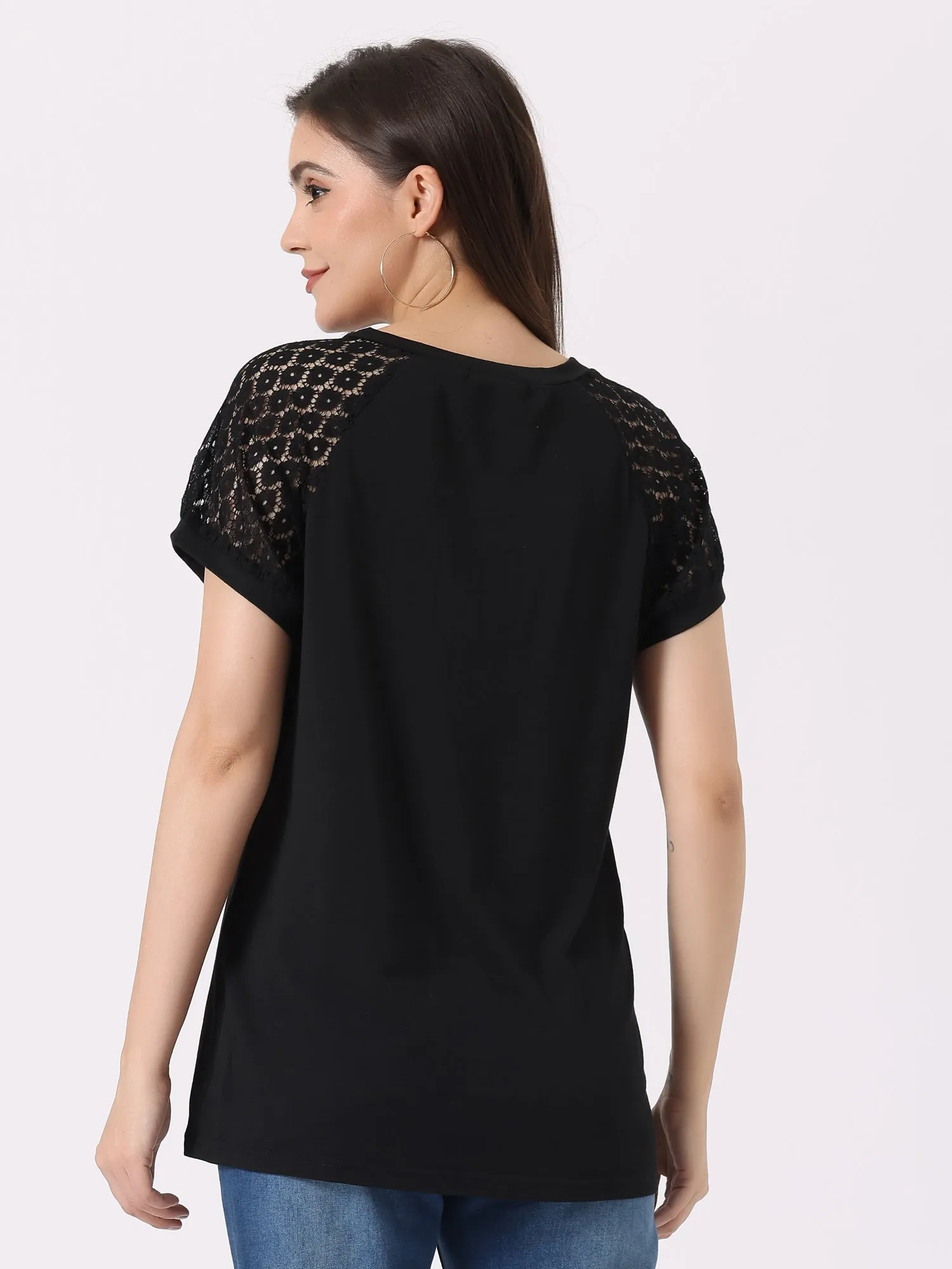 Women's Lace Short Sleeves Tops Casual V Neck Basic T-Shirt sold by Allegra K product image thumbnail 4
