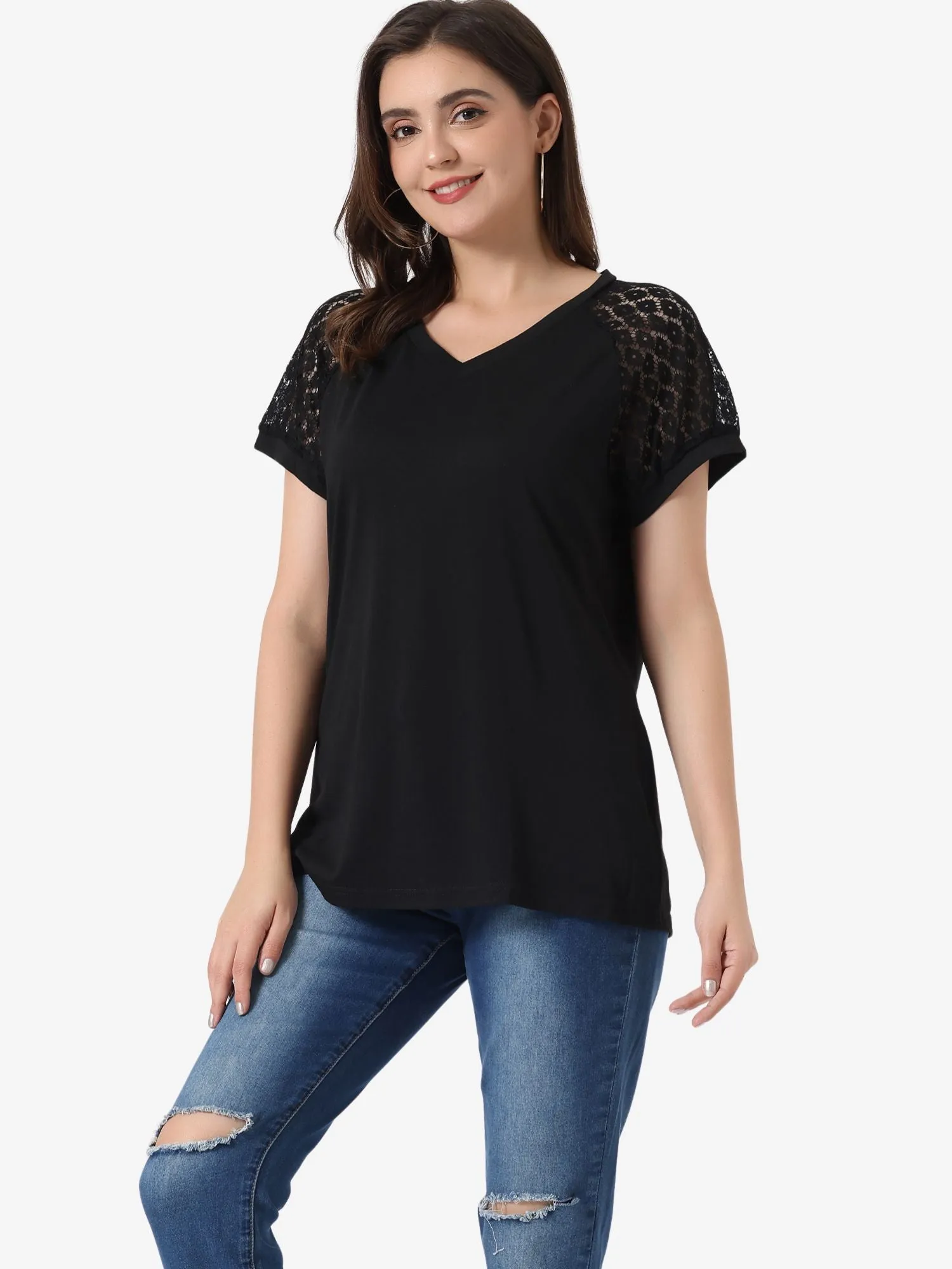 Women's Lace Short Sleeves Tops Casual V Neck Basic T-Shirt sold by Allegra K