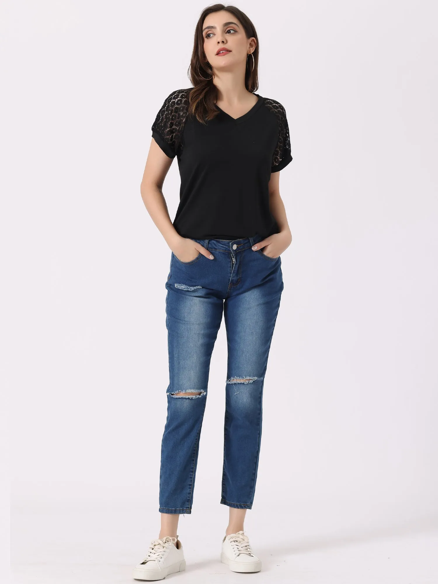 Women's Lace Short Sleeves Tops Casual V Neck Basic T-Shirt sold by Allegra K product image thumbnail 3