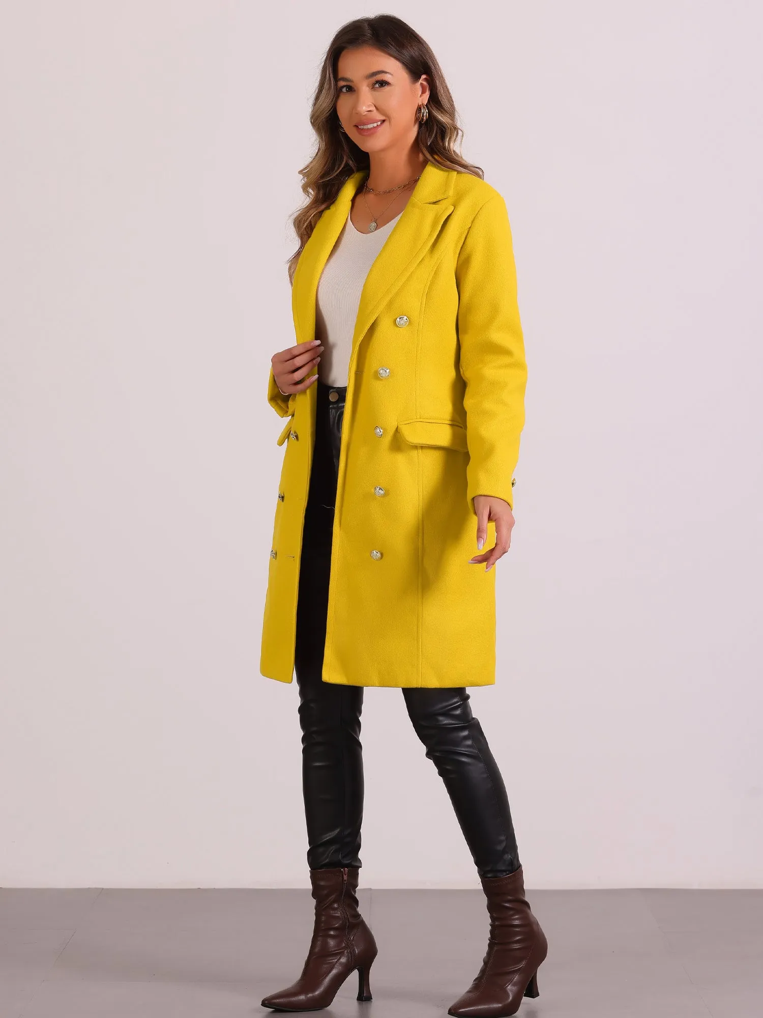 Notched Lapel Double Breasted Mid Long Winter Pea Coat sold by Allegra K