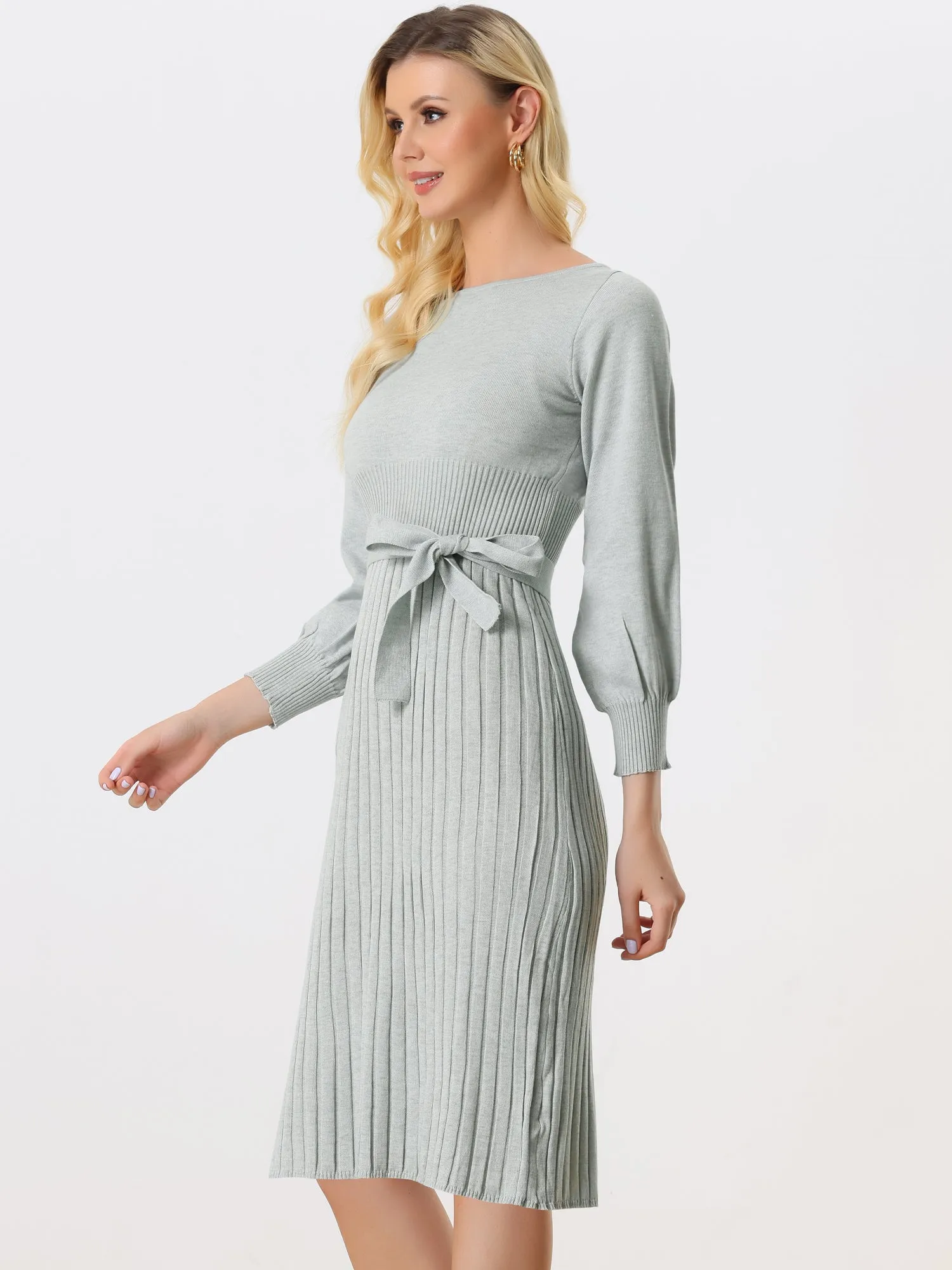Knit Belted Crew Neck Lantern Sleeve Casual Pleated Sweater Dress sold by Allegra K product image thumbnail 2